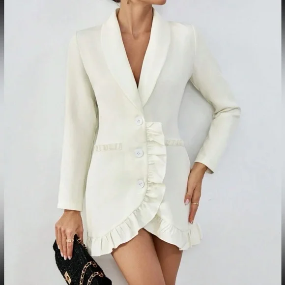 Off white v neck ruffle hem button front mini blazer dress - Picture 3 of 6